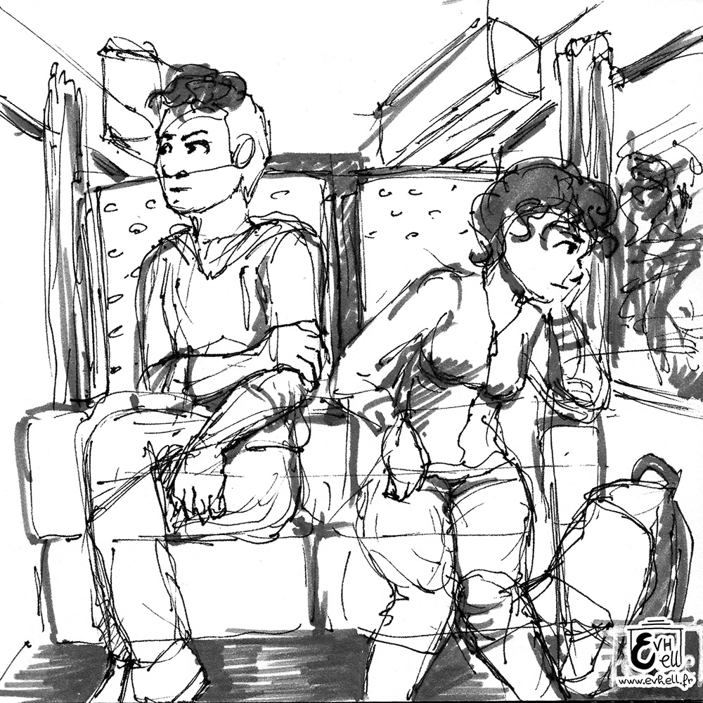 Dessin de Nora et son frère, chacun en train de bouder, assis dans le train.