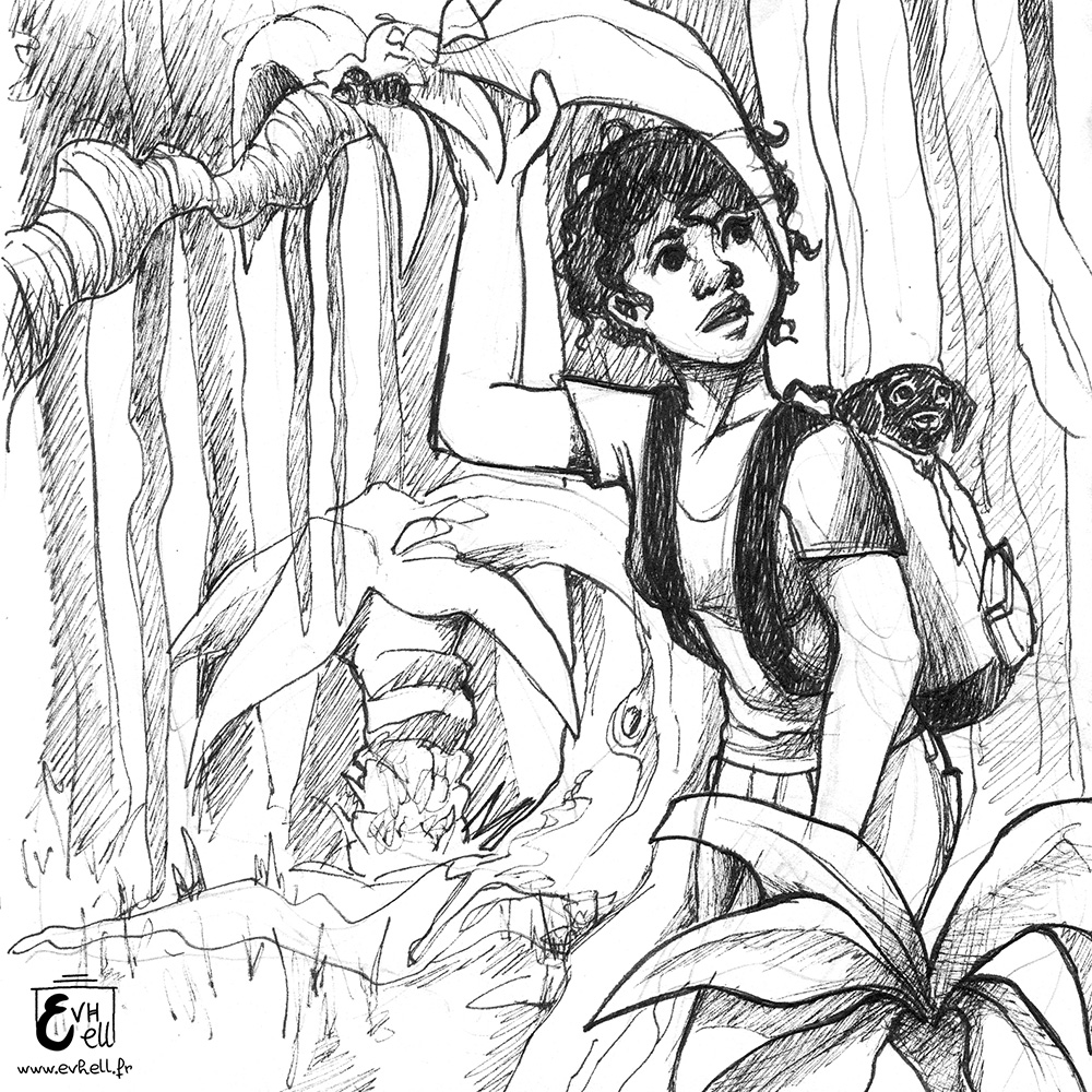 Nora et Java en exploration dans la jungle.